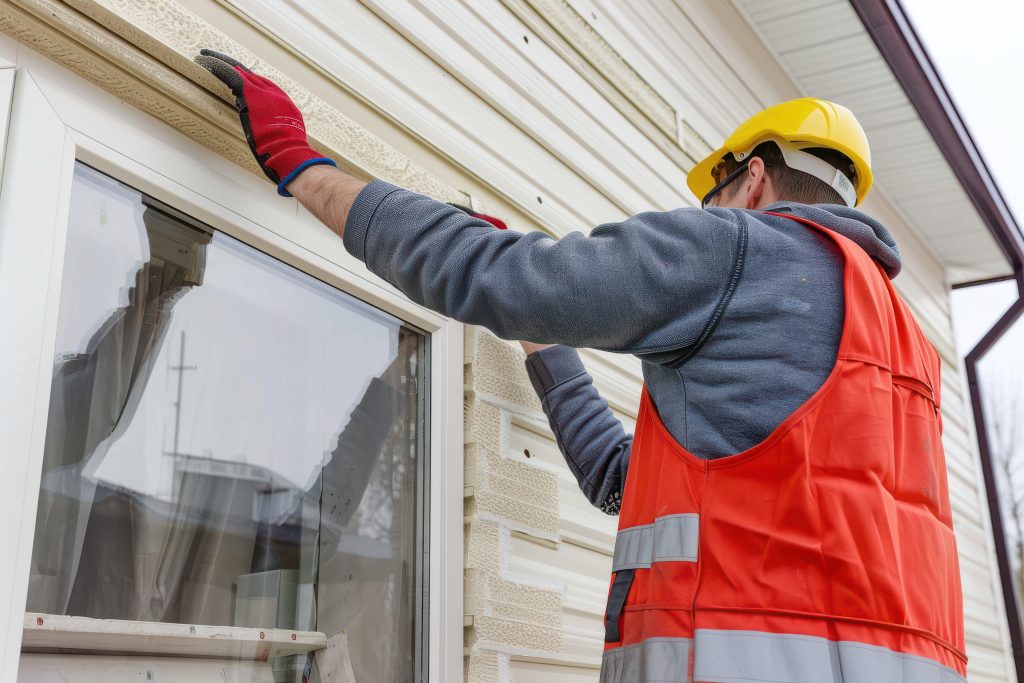 A worker installs panels beige siding on the facade of the house A worker installs panels beige siding on the facade of the house