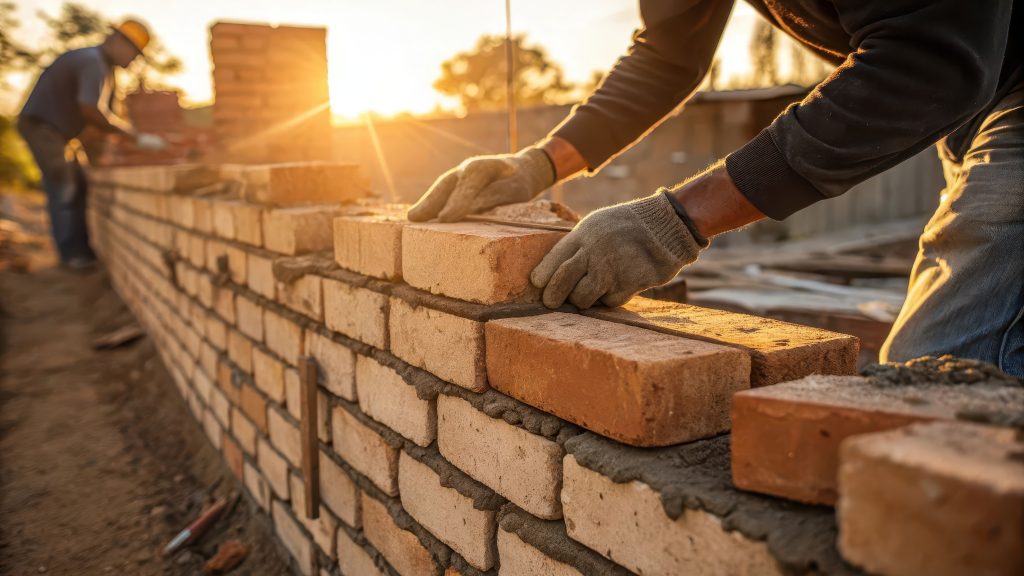 bricklayer carefully places bricks on wall at construction site during sunset