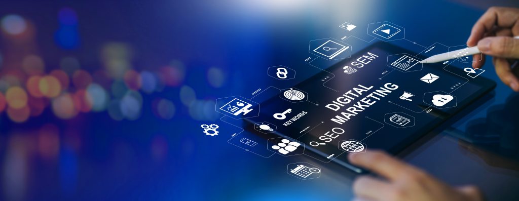 Digital marketing business technology banner web with copy space. Website adertisement email social media network, SEO, SEM video and mobile application icons in virtual screen.