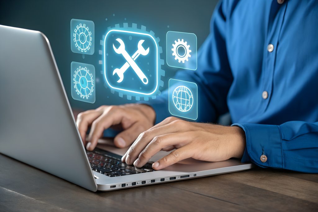 Digital Technician: A man types on a laptop, surrounded by blue icons representing digital tools and services, highlighting the importance of technological support and maintenance in a modern world.