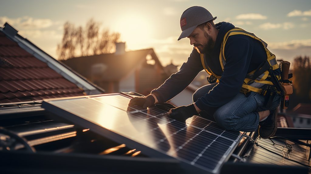 Engineers connecting cables while installing photovoltaic solar panels on roof of house.