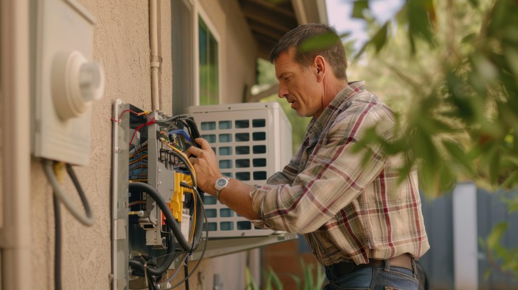 System Operation Test - An electrician wears a plaid shirt and jeans. While using the remote or control panel to test the operation of the newly installed air conditioning system.