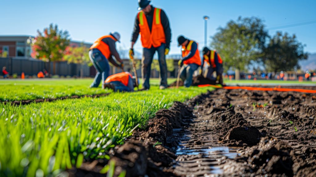 Team of landscapers meticulously installing new grass in a public park. Community development and urban beautification concept. Design for landscaping company profiles, city improvement projects