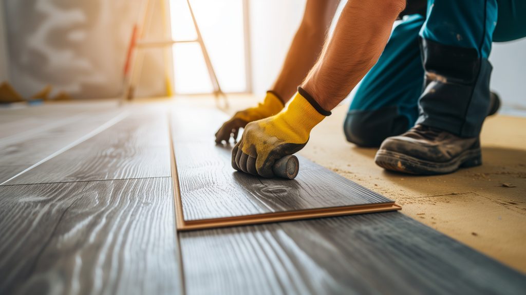 Worker installing laminate floor