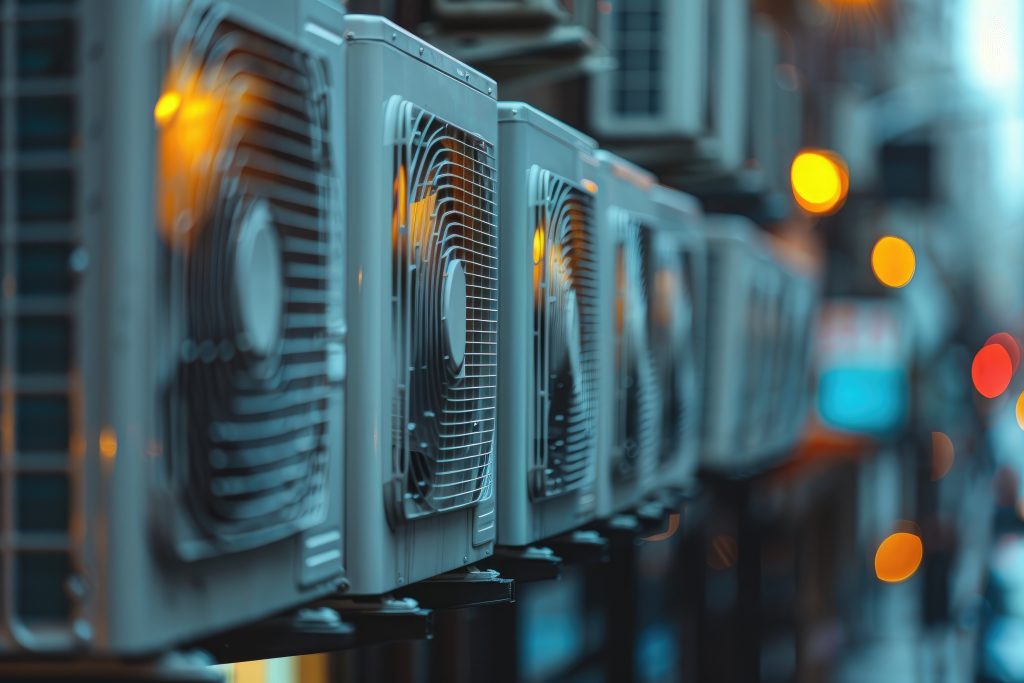 Close up of a row of air conditioners on a building with blurred city lights in the background